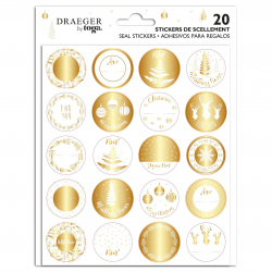 Lot de 20 Stickers de Noël ronds Blanc et or